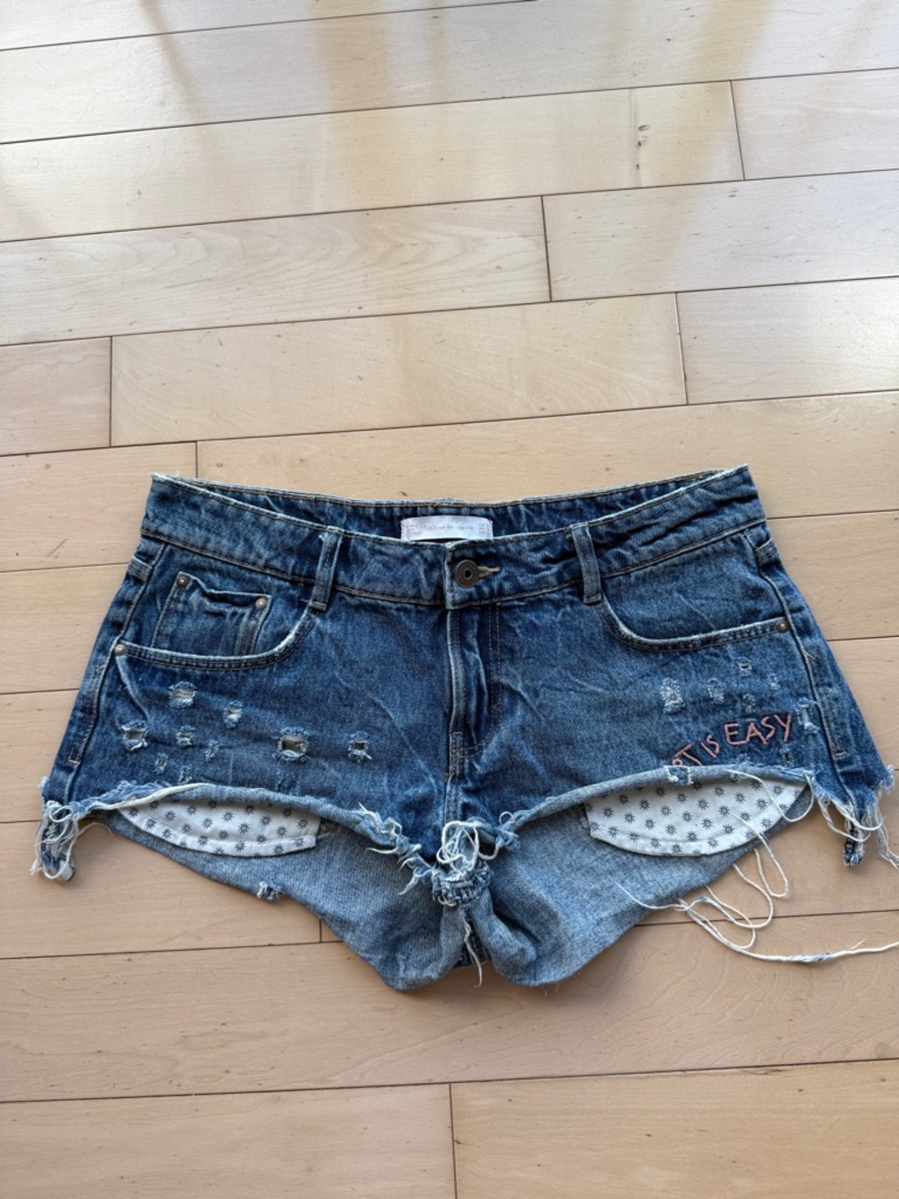 Woman’s Zara Low-Rise Dark Blue Denim Jean Shorts with Embroidery